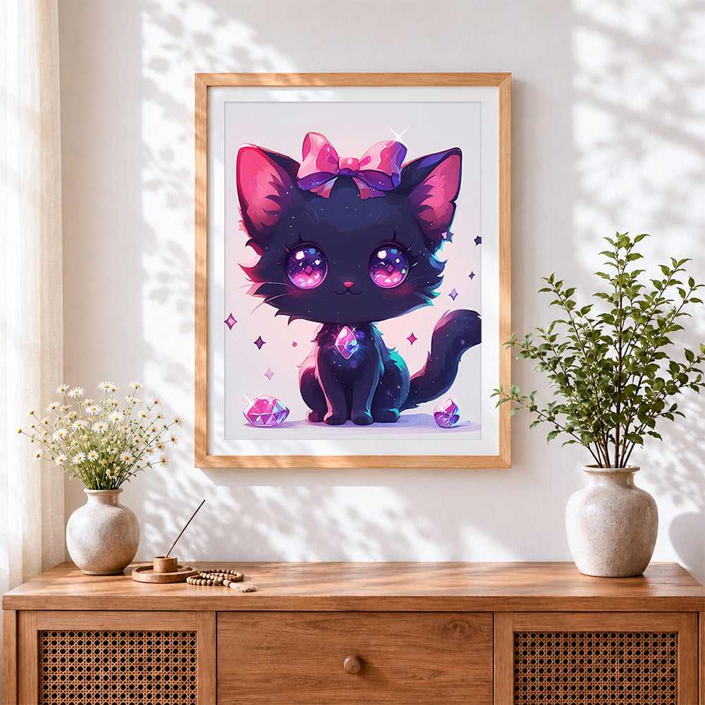 Finished mystical black cat with bow cross stitch artwork displayed