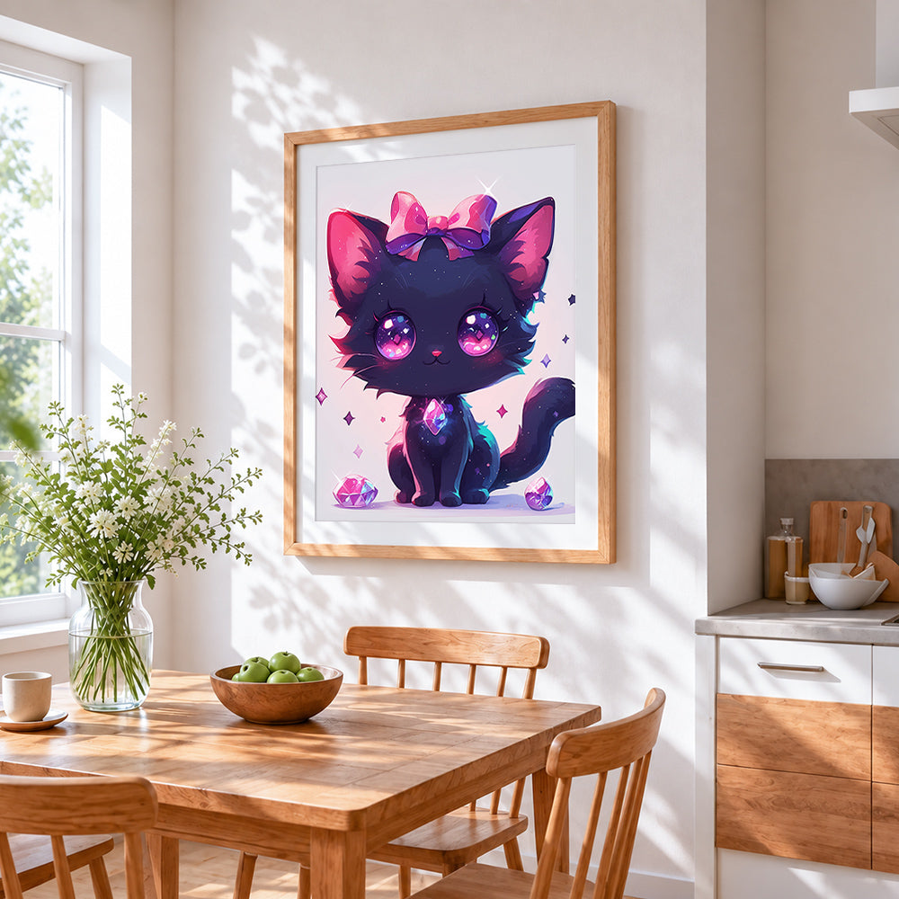 Mystical black cat with bow cross stitch artwork displayed on wall as home decor