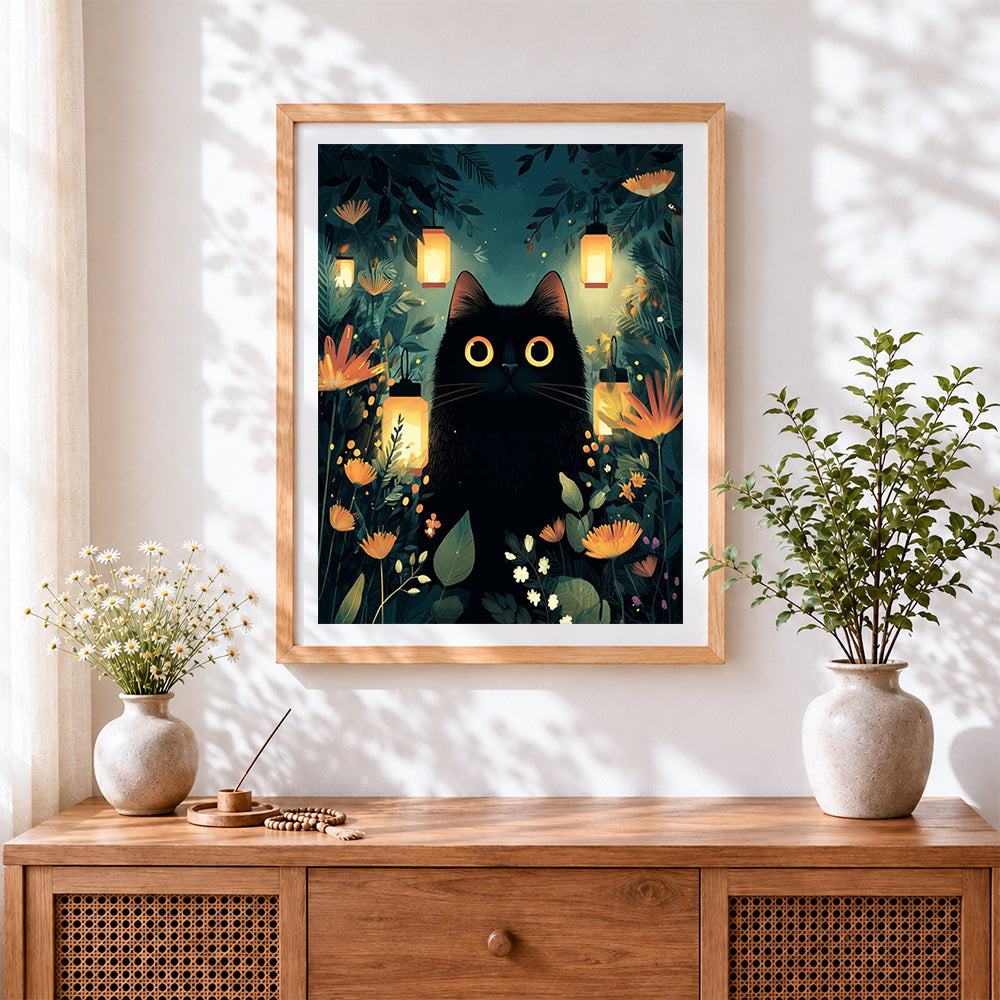 Finished mystical black cat with lanterns cross stitch artwork displayed