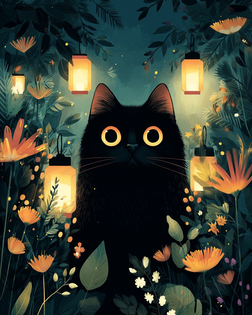 Mystical black cat with lanterns cross stitch kit for beginners