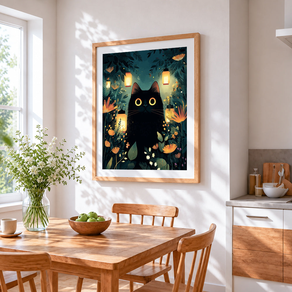 Mystical black cat with lanterns cross stitch artwork displayed on wall as home decor