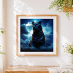 Finished mystical black panther in starry clouds cross stitch artwork displayed
