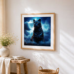 Mystical black panther in starry clouds cross stitch artwork displayed on wall as home decor