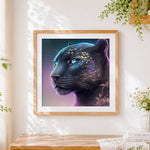 Finished mystical black panther with glowing markings cross stitch artwork displayed