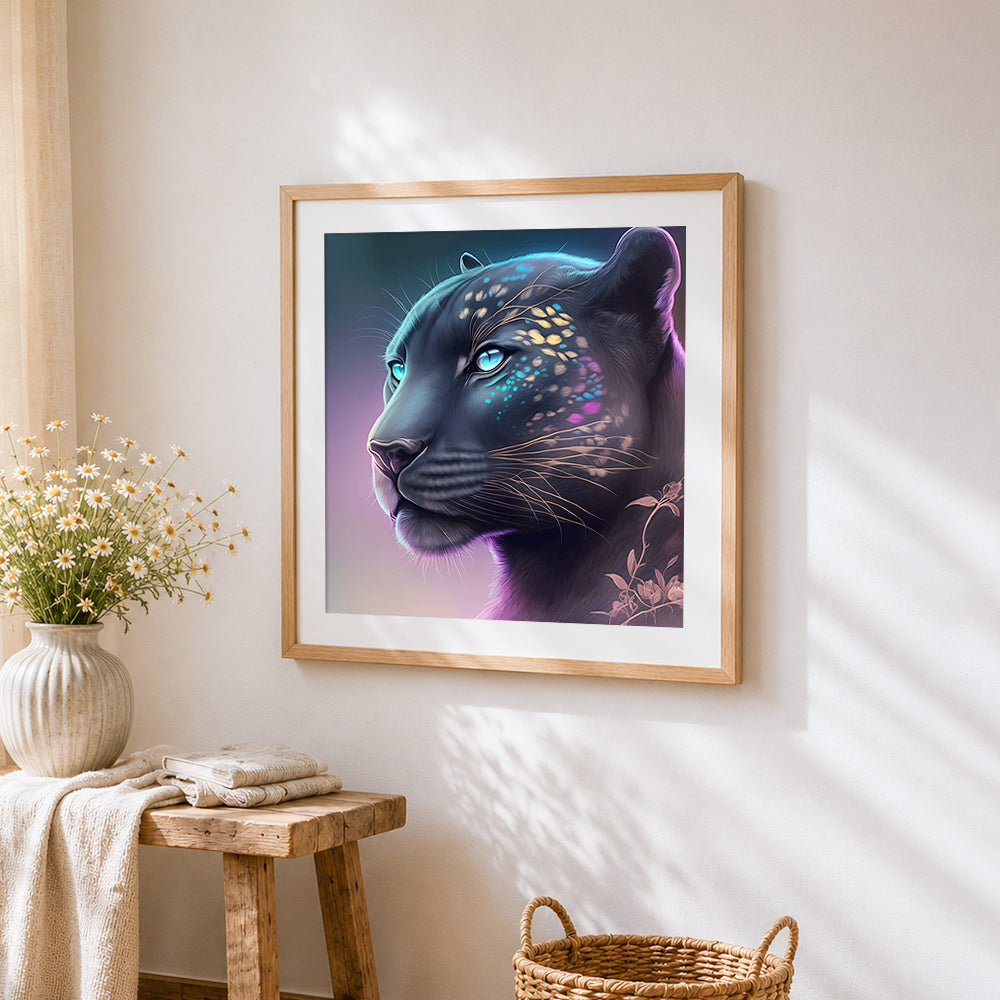 Mystical black panther with glowing markings cross stitch artwork displayed on wall as home decor