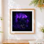 Finished mystical black panther with purple flames cross stitch artwork displayed