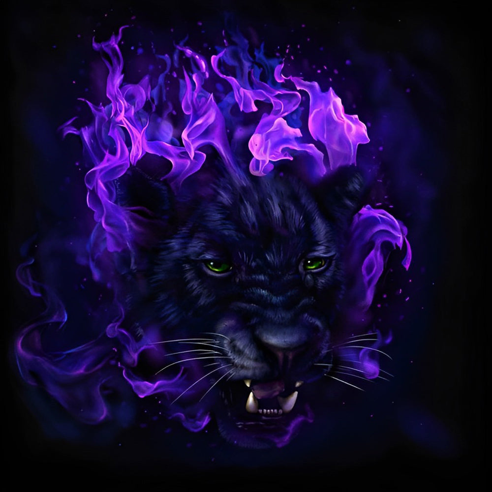 Mystical black panther with purple flames cross stitch kit for beginners