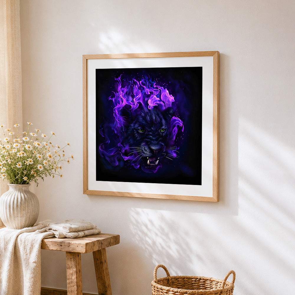 Mystical black panther with purple flames cross stitch artwork displayed on wall as home decor
