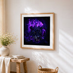 Mystical black panther with purple flames cross stitch artwork displayed on wall as home decor
