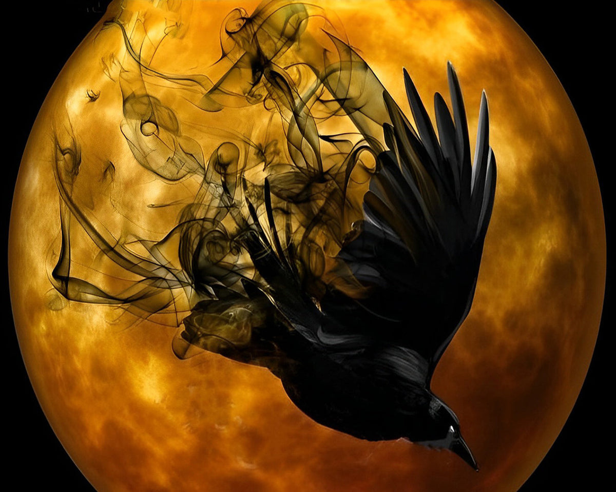 Mystical black raven and full moon cross stitch kit for beginners