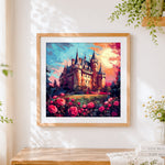 Finished mystical castle and roses at sunset cross stitch artwork displayed