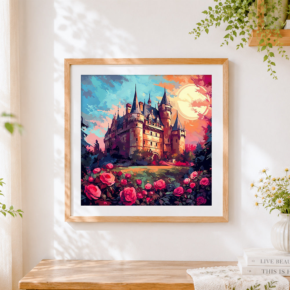Finished mystical castle and roses at sunset cross stitch artwork displayed