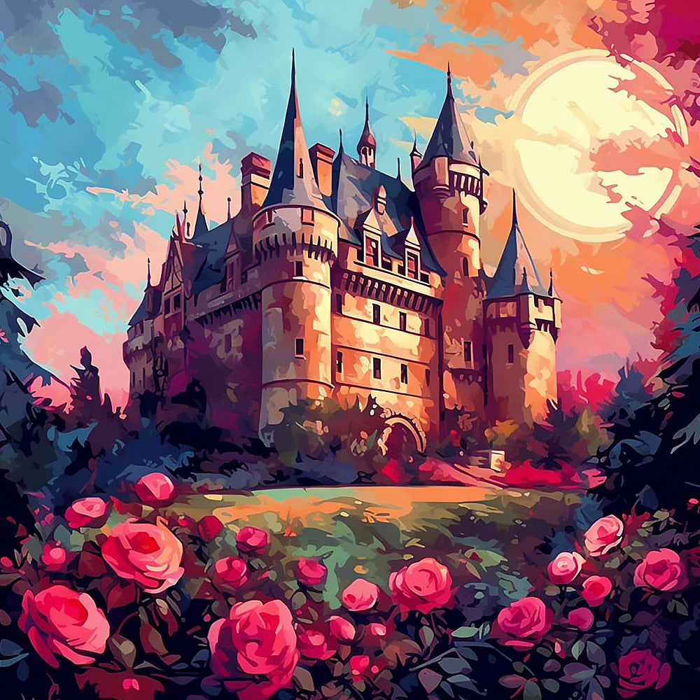 Mystical castle and roses at sunset cross stitch kit for beginners