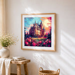Mystical castle and roses at sunset cross stitch artwork displayed on wall as home decor