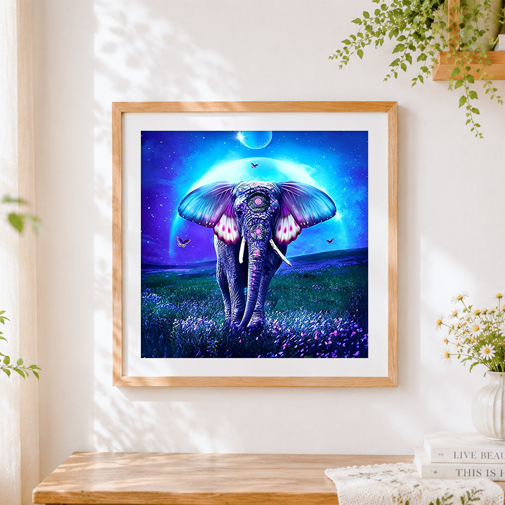 Finished mystical cosmic elephant with butterflies cross stitch artwork displayed