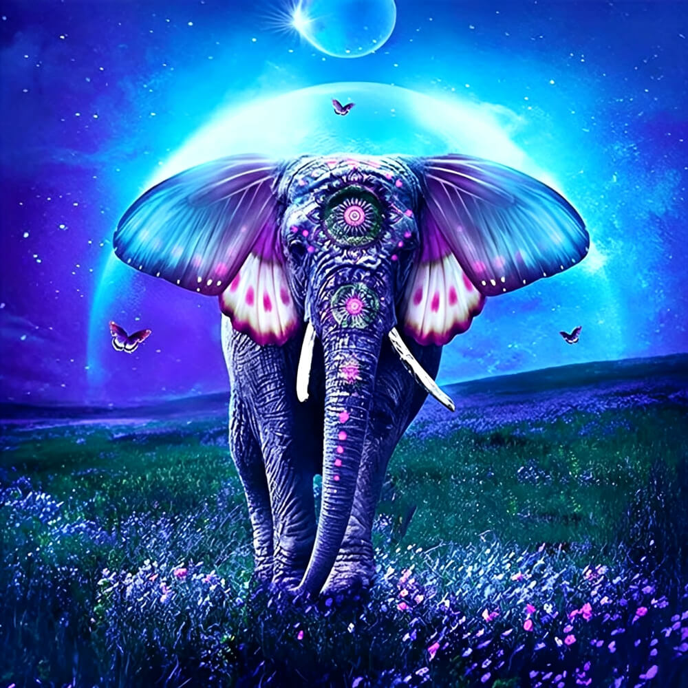 Mystical cosmic elephant with butterflies cross stitch kit for beginners