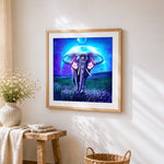 Mystical cosmic elephant with butterflies cross stitch artwork displayed on wall as home decor