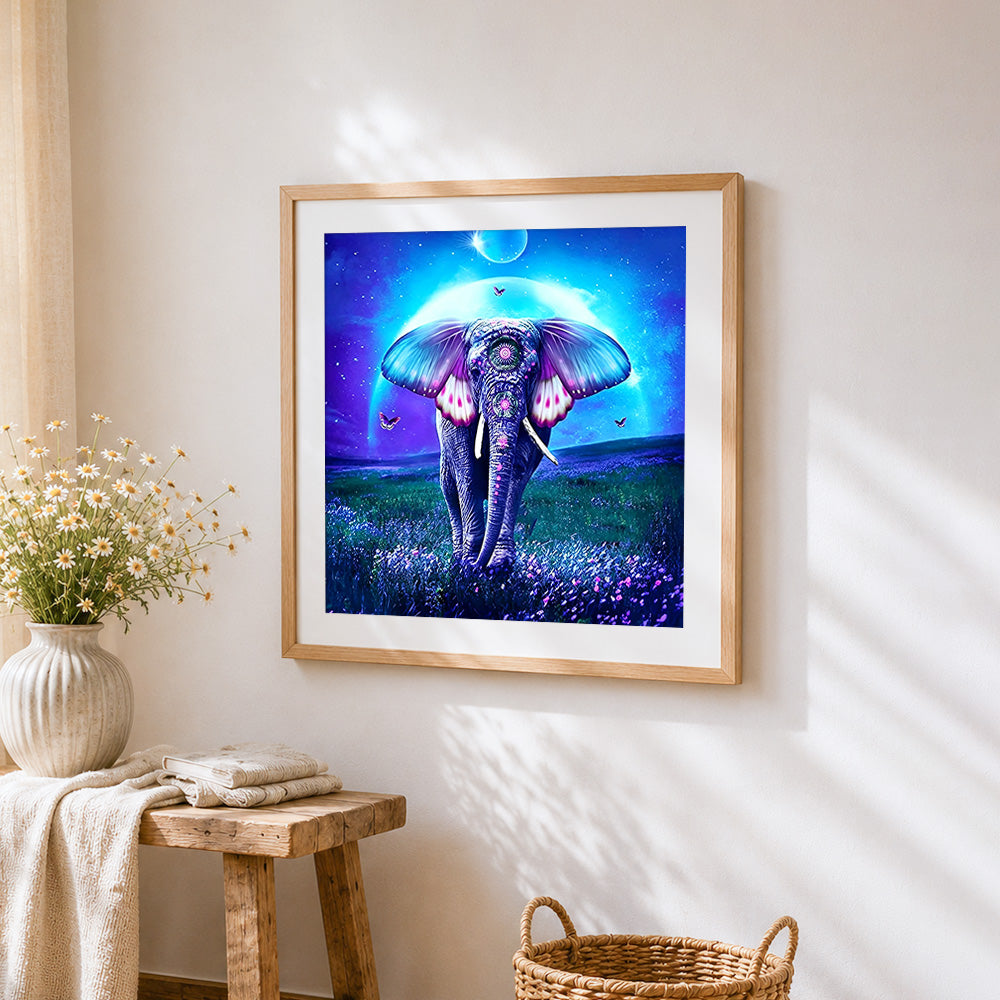Mystical cosmic elephant with butterflies cross stitch artwork displayed on wall as home decor