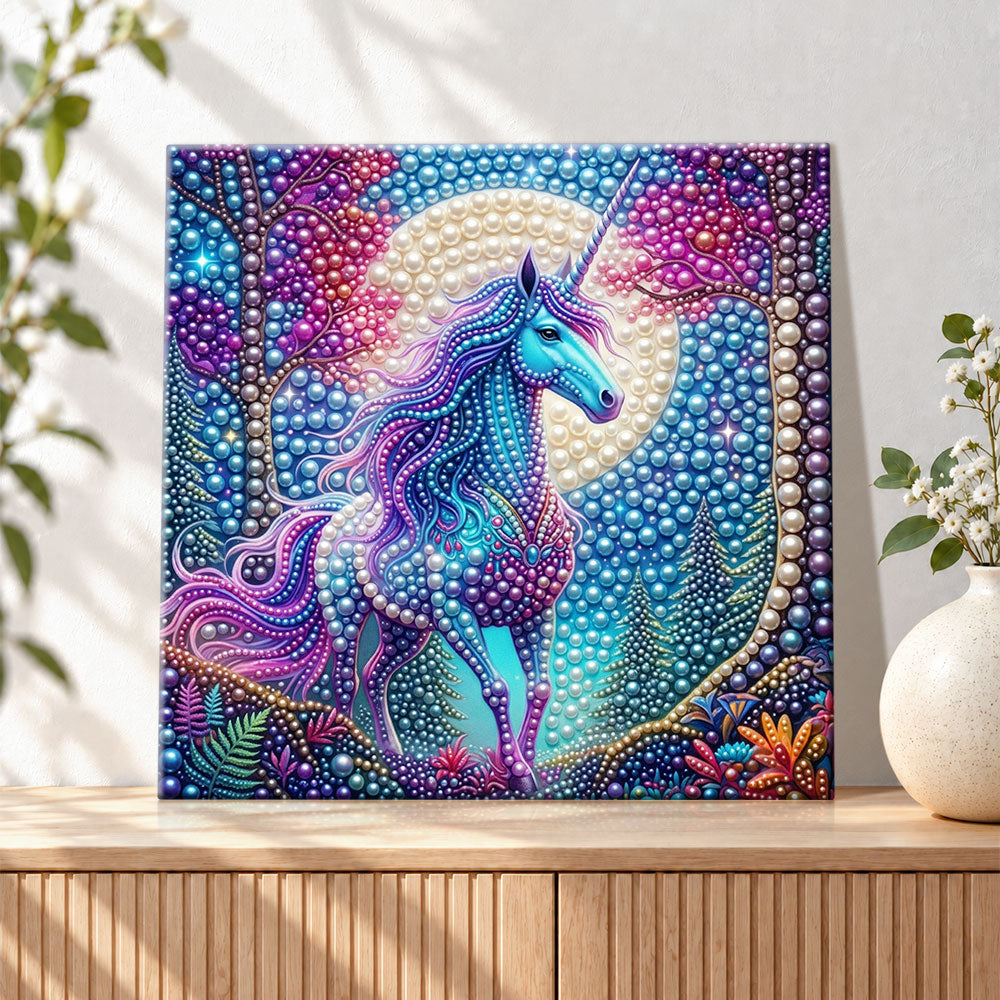 Finished mystical forest unicorn under moonlight pearl diamond painting artwork displayed as holiday home decor