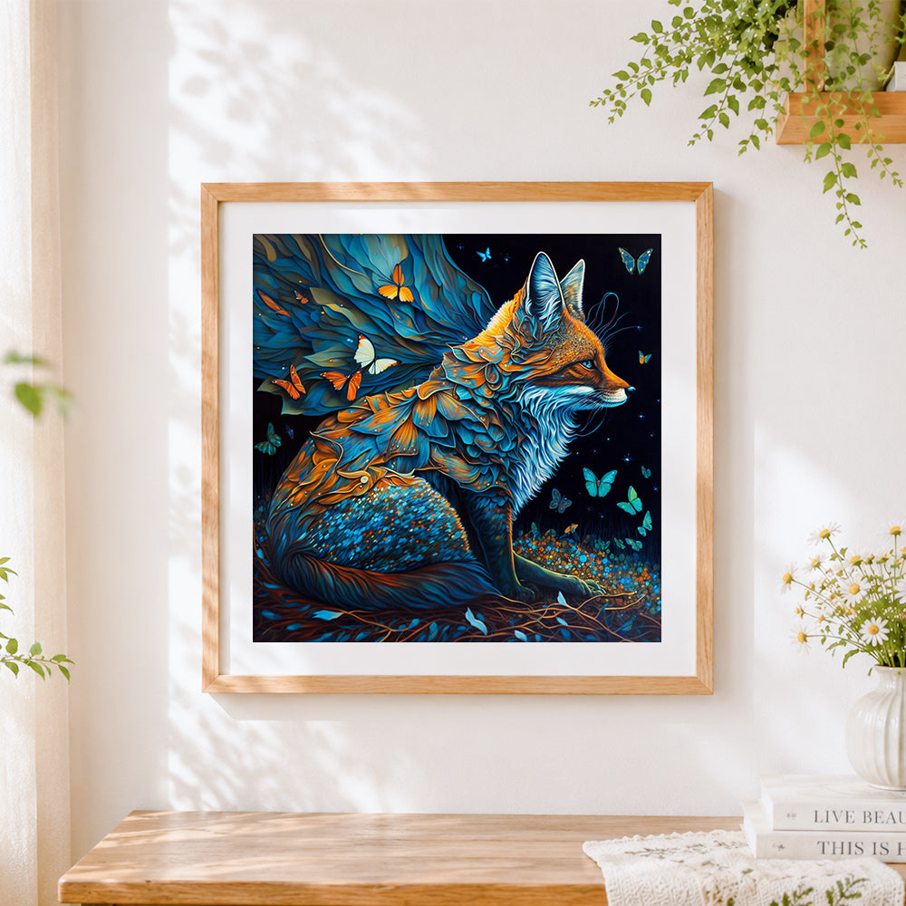 Finished mystical fox and butterflies cross stitch artwork displayed