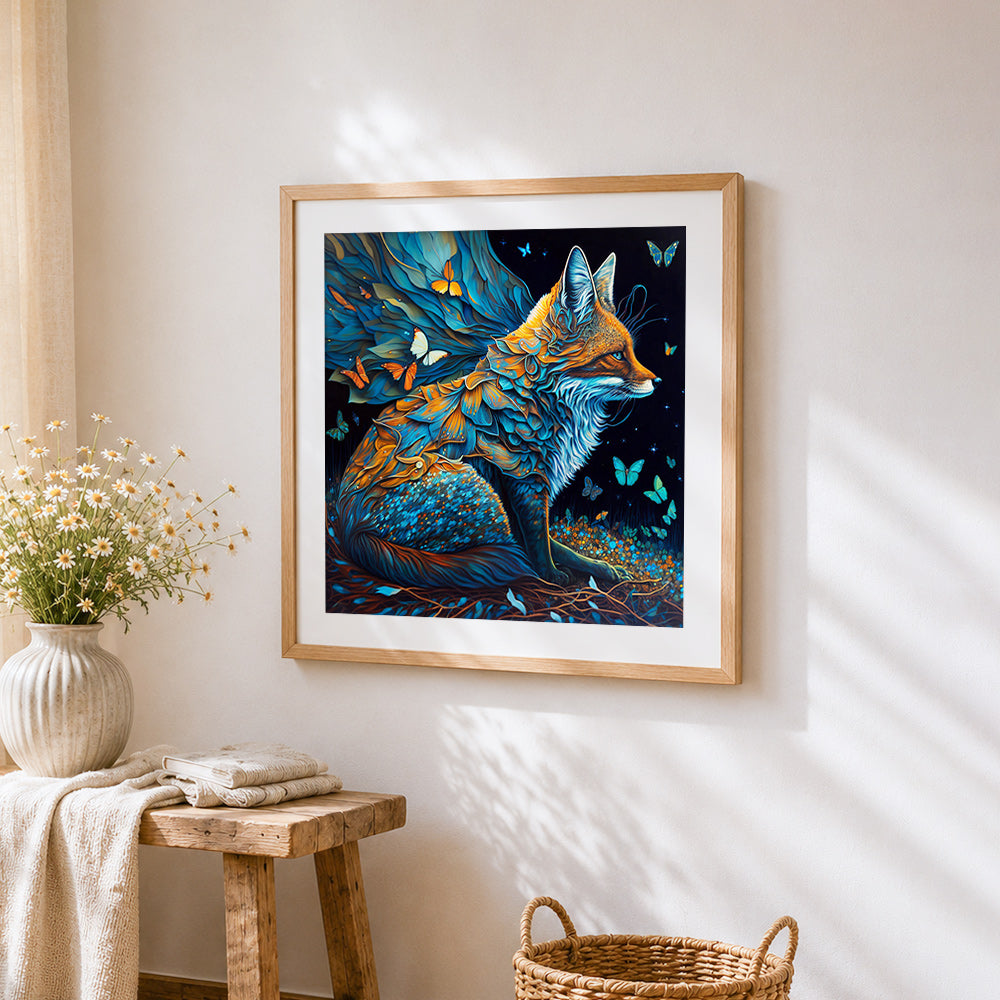Mystical fox and butterflies cross stitch artwork displayed on wall as home decor