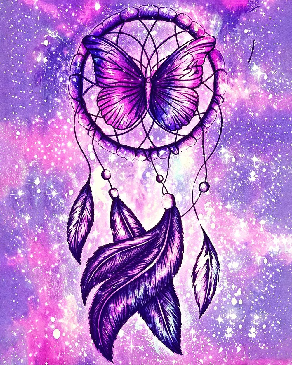 Mystical galaxy dreamcatcher with purple butterfly cross stitch kit for beginners
