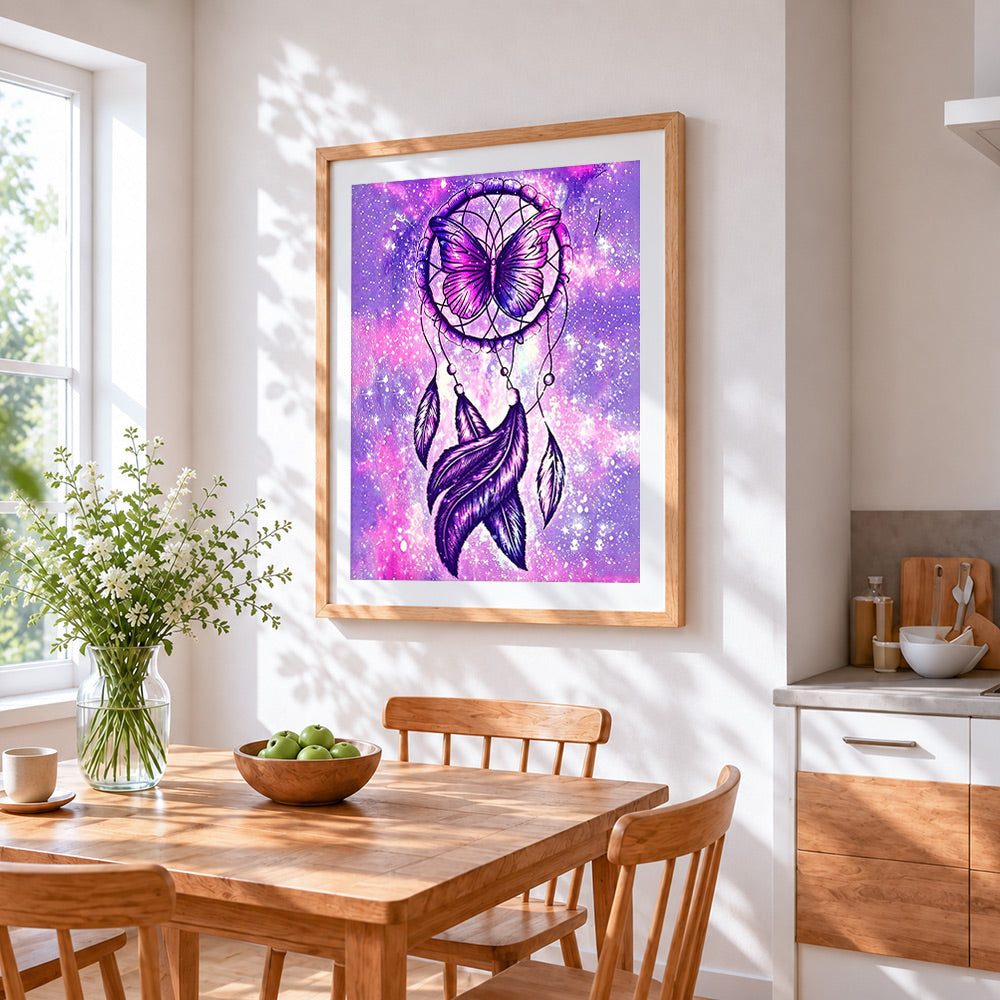 Mystical galaxy dreamcatcher with purple butterfly cross stitch artwork displayed on wall as home decor