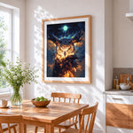 Mystical glowing owl with starlight cross stitch artwork displayed on wall as home decor