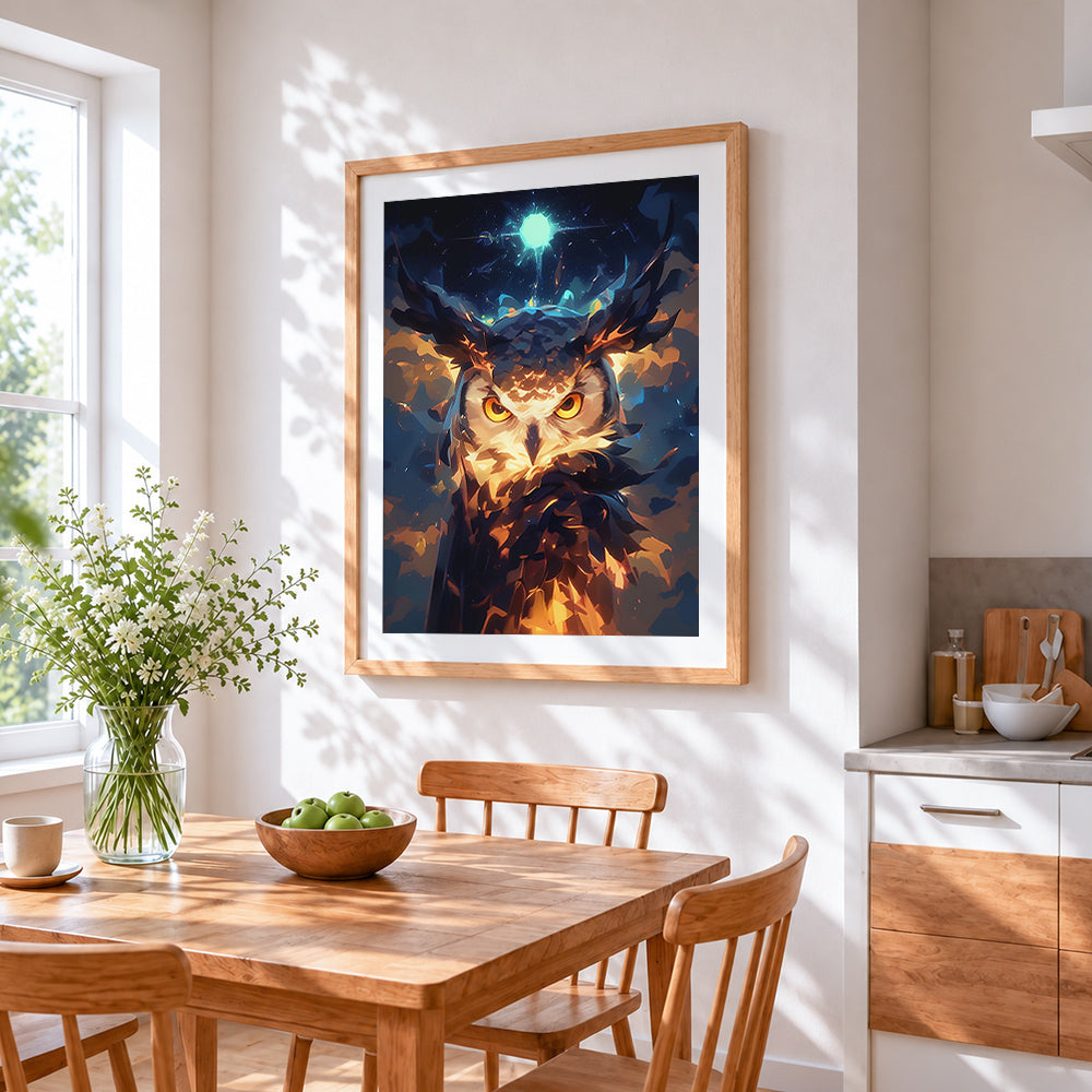 Mystical glowing owl with starlight cross stitch artwork displayed on wall as home decor