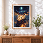 Finished mystical glowing owl with starlight paint by numbers artwork displayed as home decor