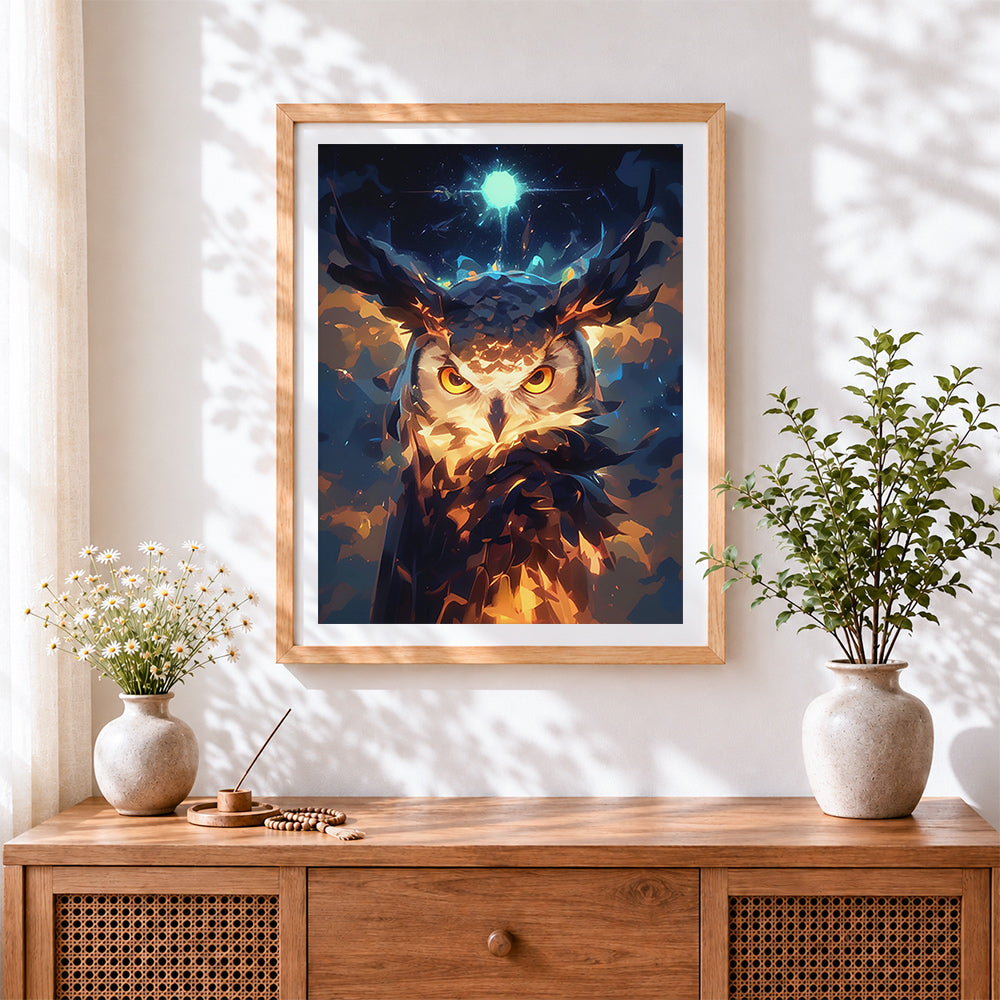 Finished mystical glowing owl with starlight paint by numbers artwork displayed as home decor