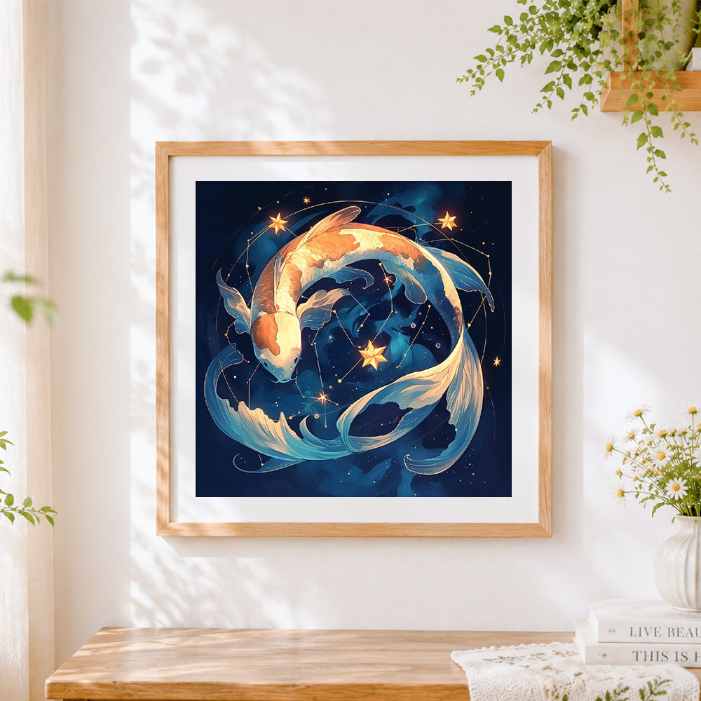 Finished mystical koi fish yin yang cross stitch artwork displayed
