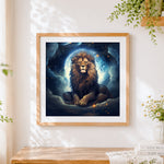 Finished mystical lion in the starry night sky cross stitch artwork displayed
