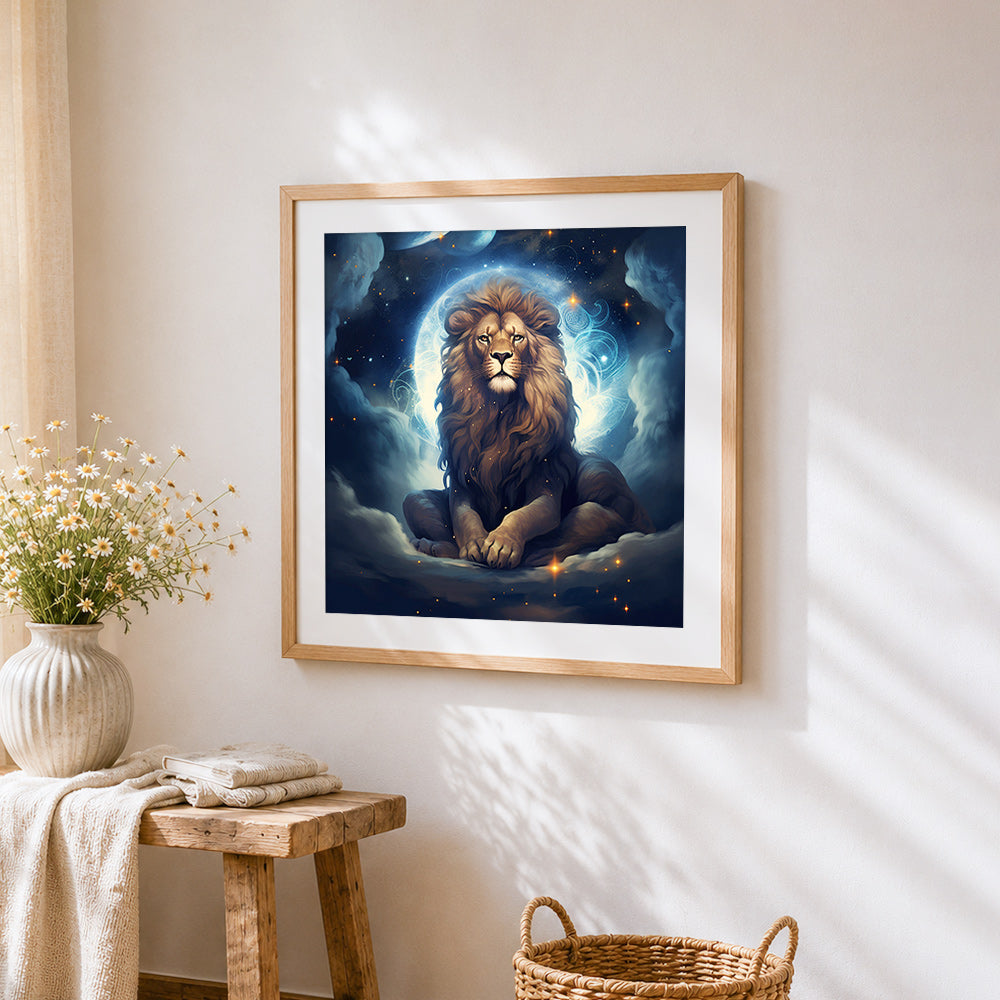 Mystical lion in the starry night sky cross stitch artwork displayed on wall as home decor