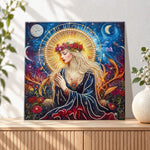 Finished mystical moon goddess pearl diamond painting artwork displayed as holiday home decor
