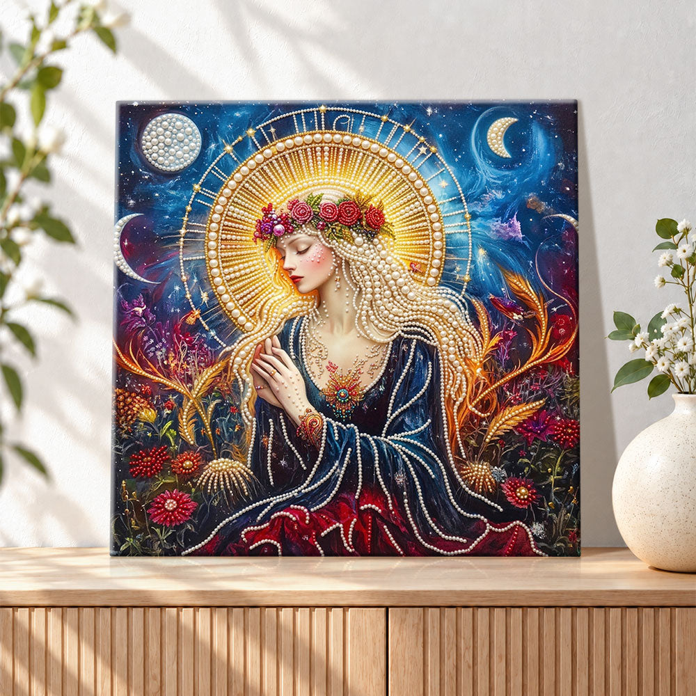 Finished mystical moon goddess pearl diamond painting artwork displayed as holiday home decor