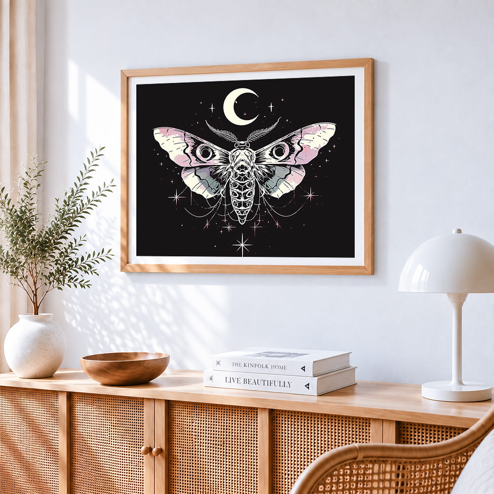 Mystical moth with moon and stars cross stitch artwork displayed on wall as home decor