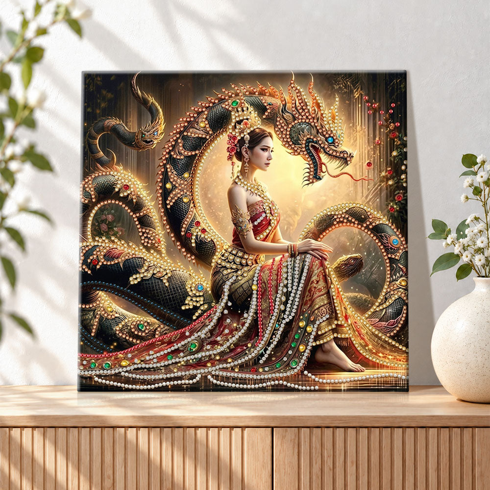 Finished mystical naga and maiden pearl diamond painting artwork displayed as holiday home decor