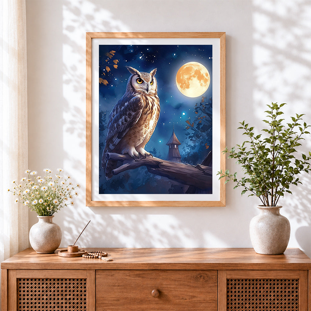 Finished mystical owl perched under a full moon cross stitch artwork displayed