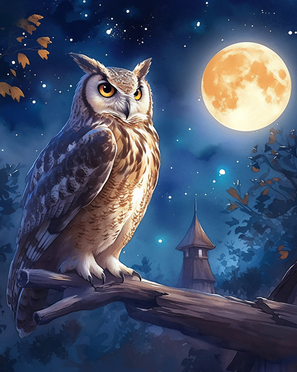 Mystical owl perched under a full moon cross stitch kit for beginners