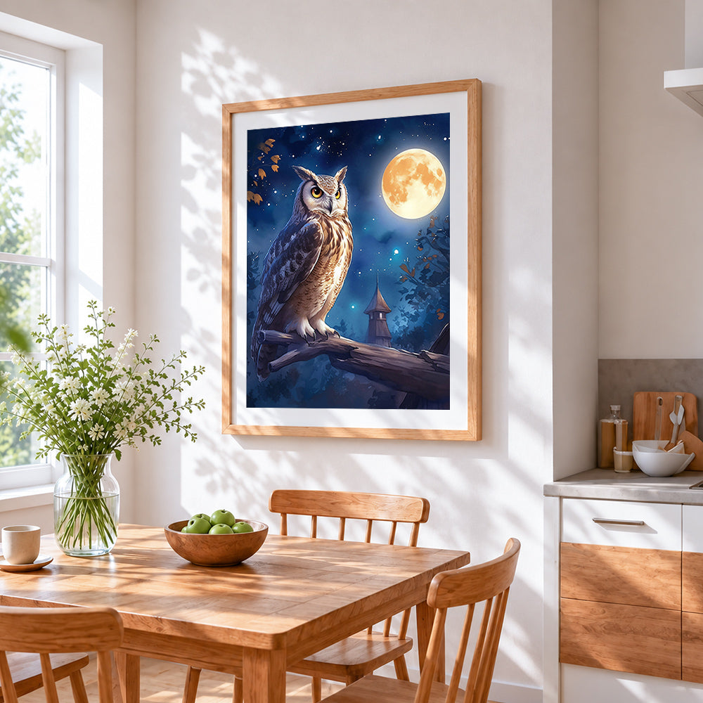 Mystical owl perched under a full moon cross stitch artwork displayed on wall as home decor