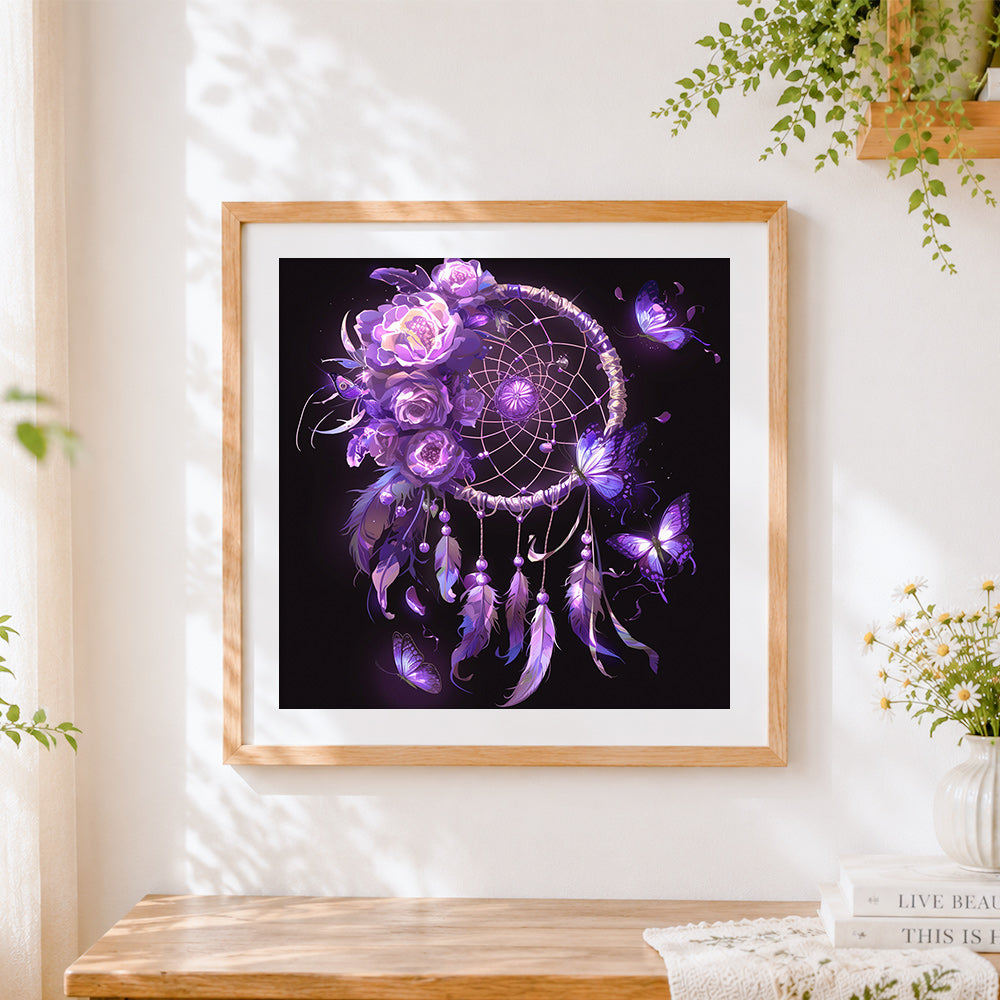 Finished mystical purple butterfly dreamcatcher cross stitch artwork displayed