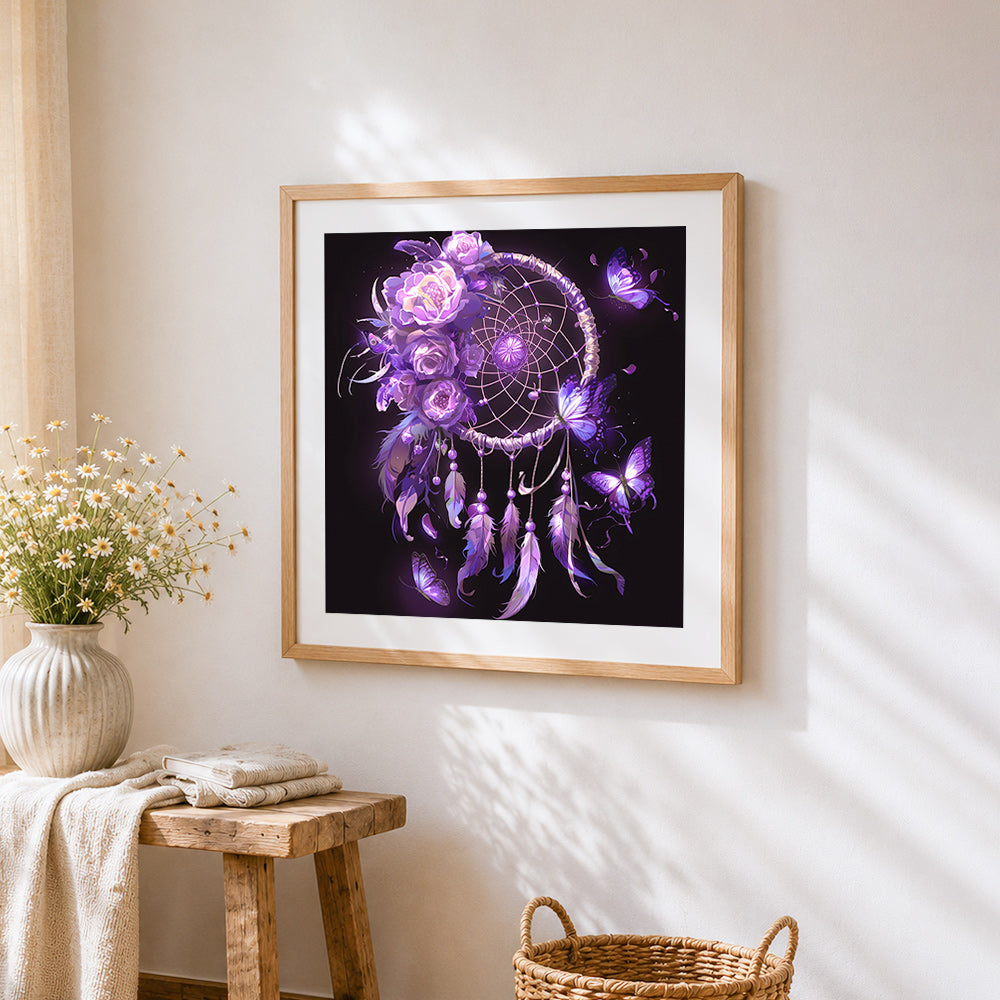 Mystical purple butterfly dreamcatcher cross stitch artwork displayed on wall as home decor