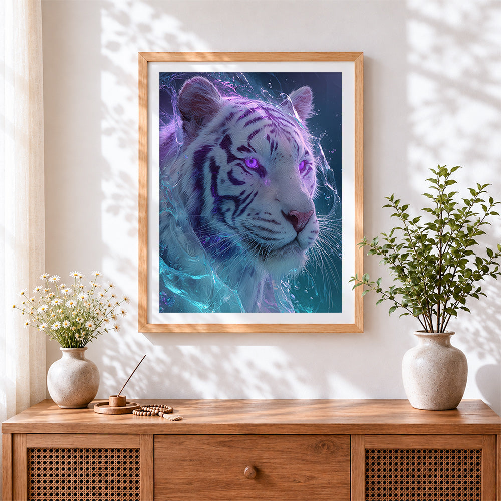 Finished mystical purple-eyed tiger cross stitch artwork displayed