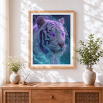 Finished mystical purple-eyed tiger cross stitch artwork displayed