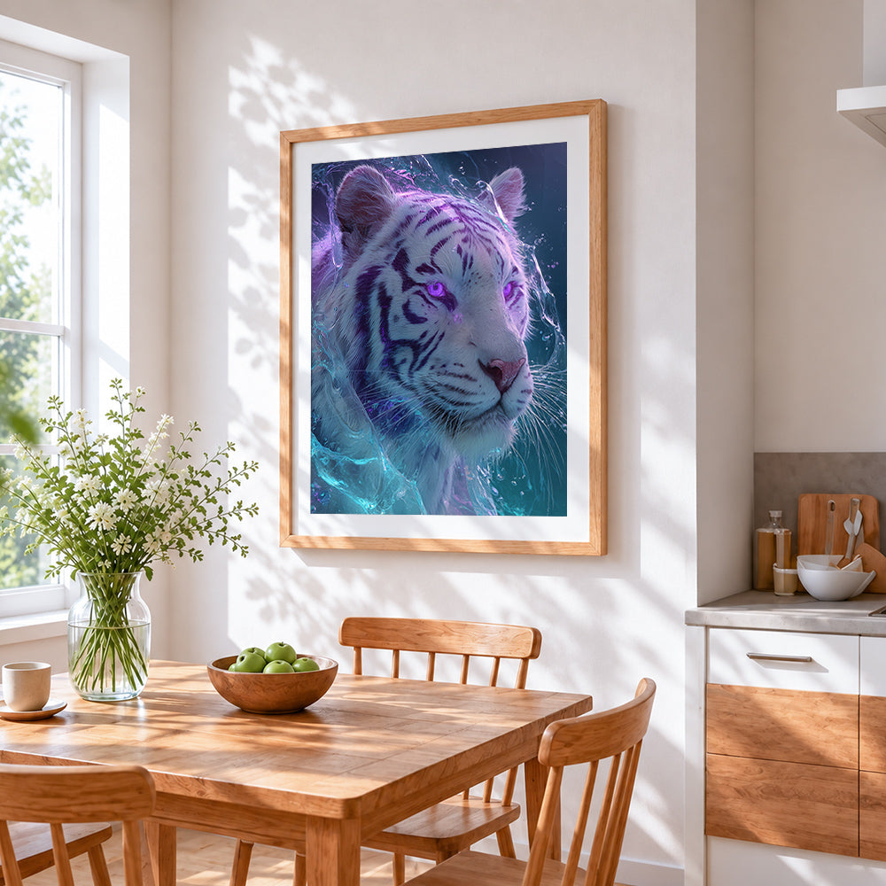 Mystical purple-eyed tiger cross stitch artwork displayed on wall as home decor