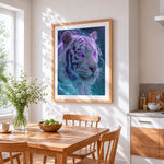 Mystical purple-eyed tiger cross stitch artwork displayed on wall as home decor