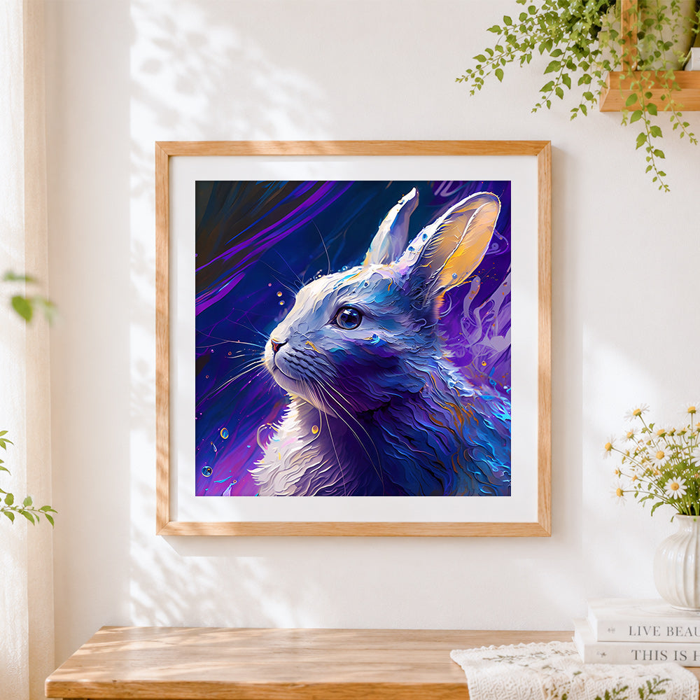 Finished mystical purple oil painting rabbit cross stitch artwork displayed