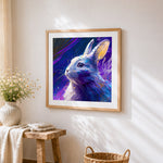 Mystical purple oil painting rabbit cross stitch artwork displayed on wall as home decor