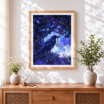 Finished mystical raven with key in enchanted forest cross stitch artwork displayed